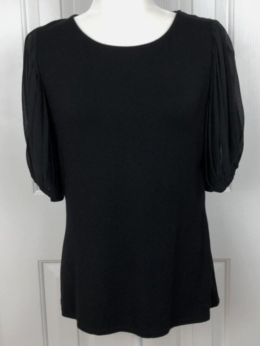 Tahari Blouse Black  w/Short Puff Sheer Sleeves